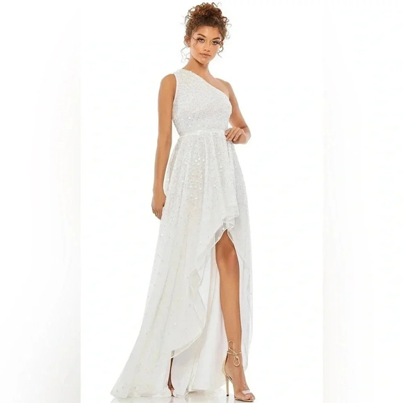 Mac Duggal 10825 Sequin One Shoulder High Low Gown SZ 6 White - Picture 2 of 11